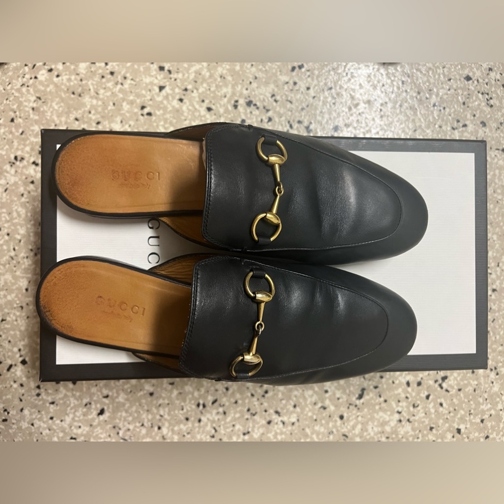 Gucci Black Leather Mules with Gold Hardware
